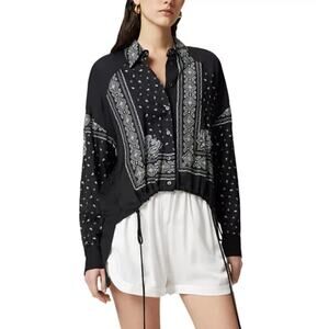 PINKO Printed Drawstring Hem Blouse Relax Fit Boho Black Bandana Print Sz 10